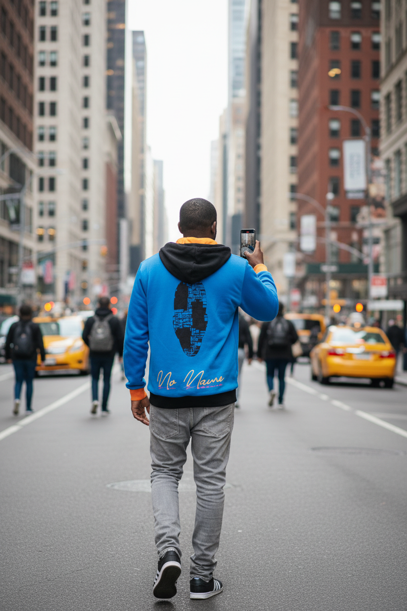 Back view walking orange cuffs