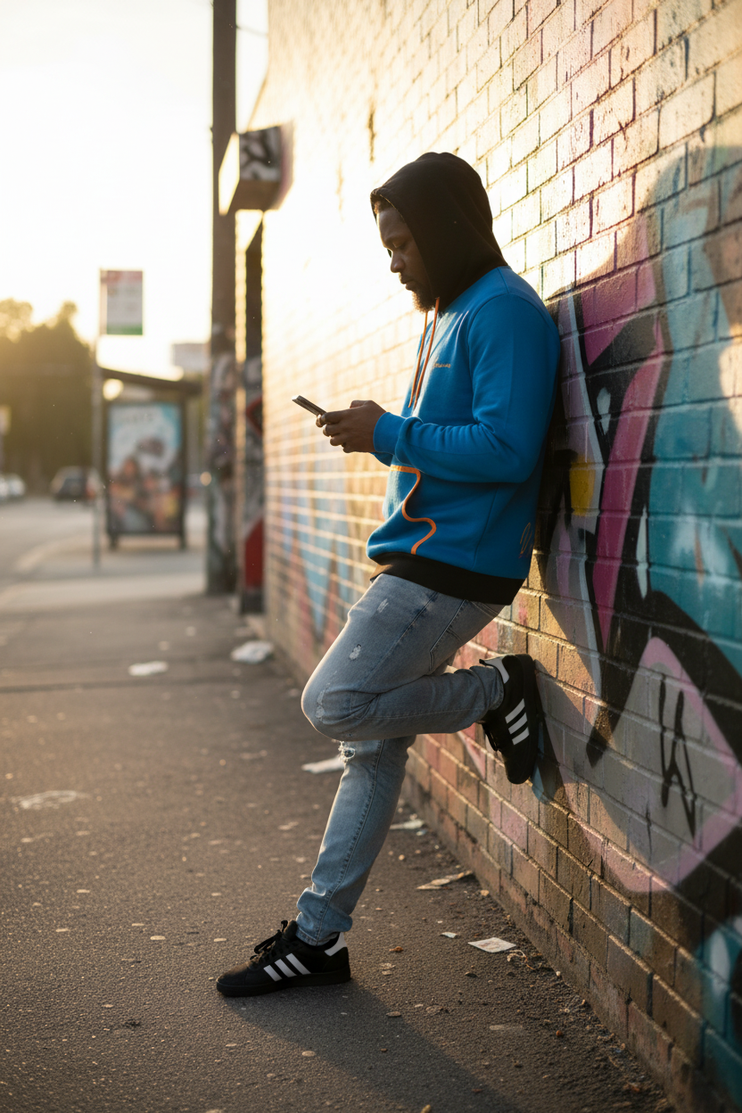 Hood up with phone graffiti wall