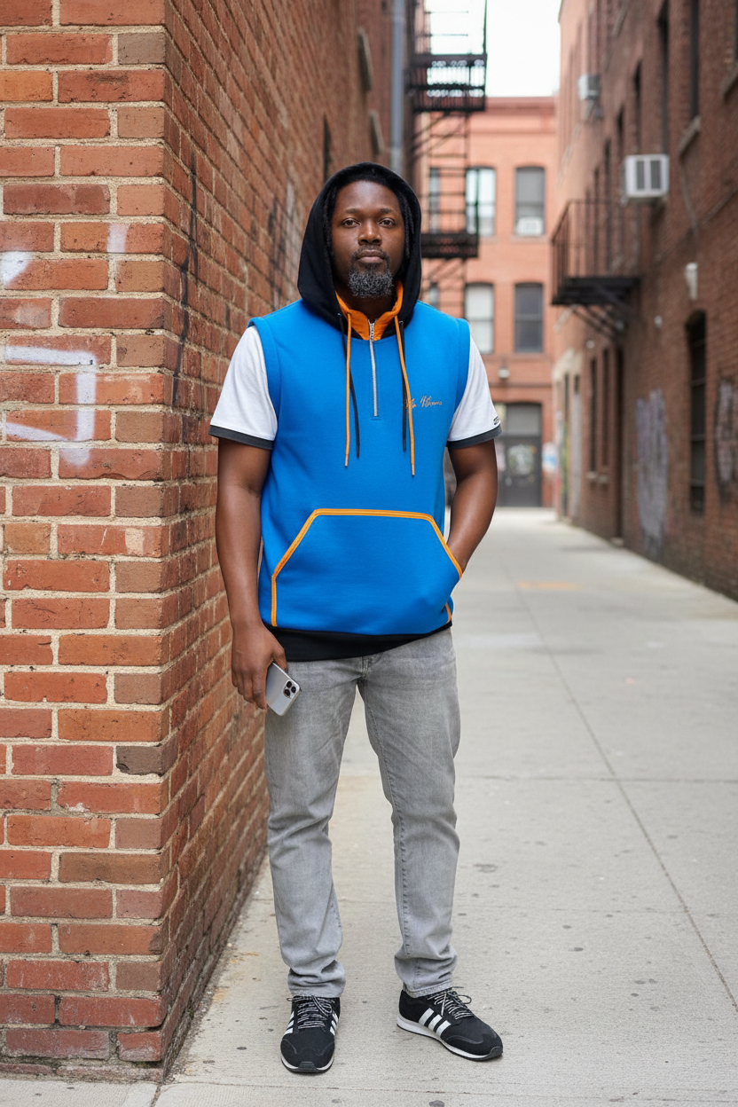 Lifestyle blue hoodie black hood phone